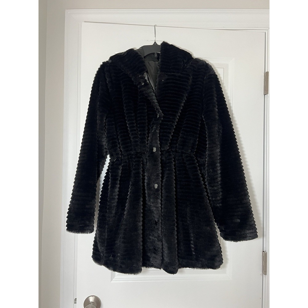 Soft Surroundings Faux Fur Hooded Coat Adjustable Waist Size Large Black